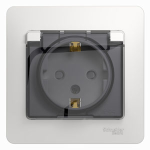 Розетка 1-м 16А С/У З/К со шторками с крышкой в сборе с рамкой IP44 Белый Glossa