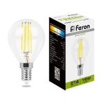 Лампа сд Е14 G45  15W 4000К филамент шар прозрач.LB-515 Feron