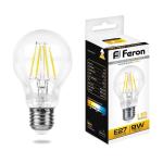 Лампа светодиодная филамент FERON LB-63, A60 9W 230V E27 2700К (белый теплый), рассеиватель прозрачный 930Lm, угол рассеивания 270°, 107*60мм
