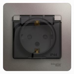 Розетка 1-м 16А С/У З/К со шторками с крышкой в сборе с рамкой IP44 Платина Glossa