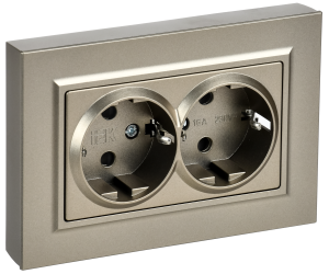 Розетка 2-м 16А С/У З/К cо шторками плоская в сборе Шампань Brite