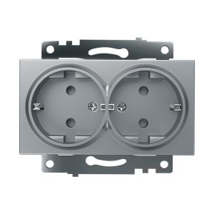 Розетка 2-м 16А С/У З/К со шторками Серебро Катрин