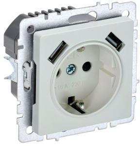 Розетка 1-м 16А С/У З/К со шторками+USB A+А 2.1А Жемчуг Brite